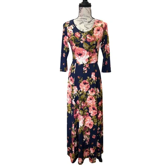 Tea N Rose Navy Pink Floral 3/4 Sleeve Maxi Dress AD63292 Small - Picture 1 of 6